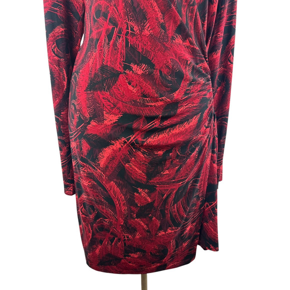 Norma Kamali Faux Wrap Dress Red & Black Feather Print Size XXL 2XL Office Chic - Picture 7 of 16